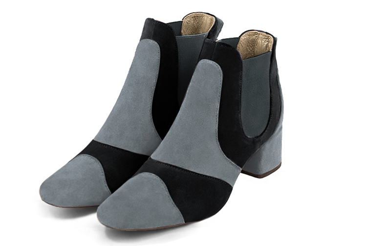 Dove grey and matt black women's ankle boots, with elastics. Round toe. Low flare heels. Front view - Florence KOOIJMAN
